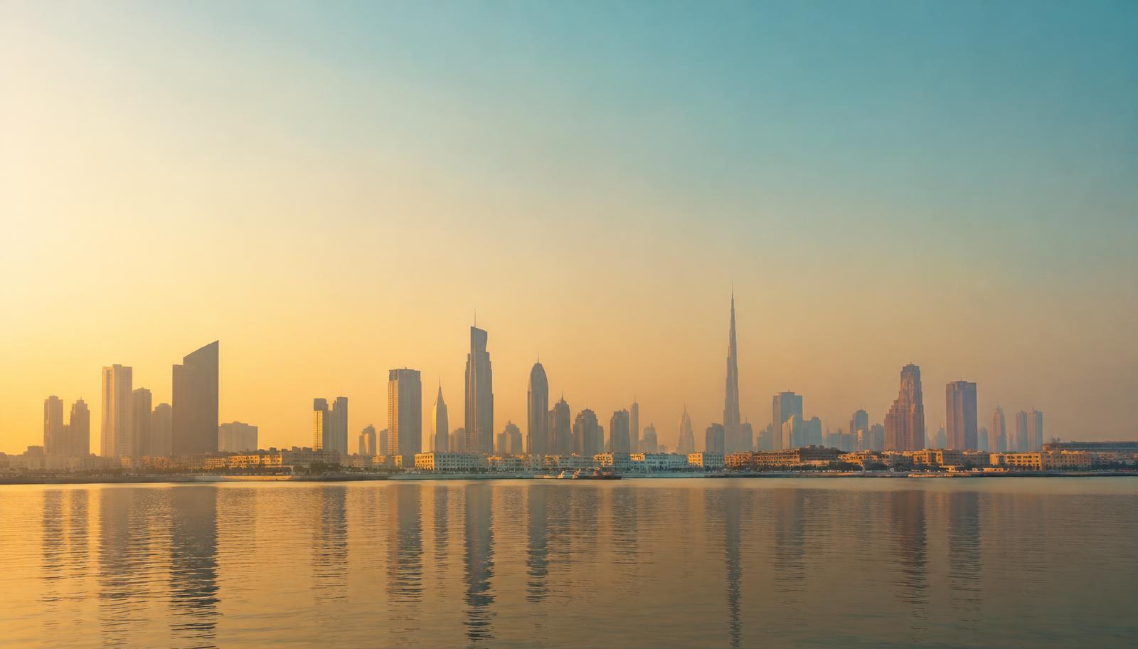 Dubai skyline at sunrise across the water